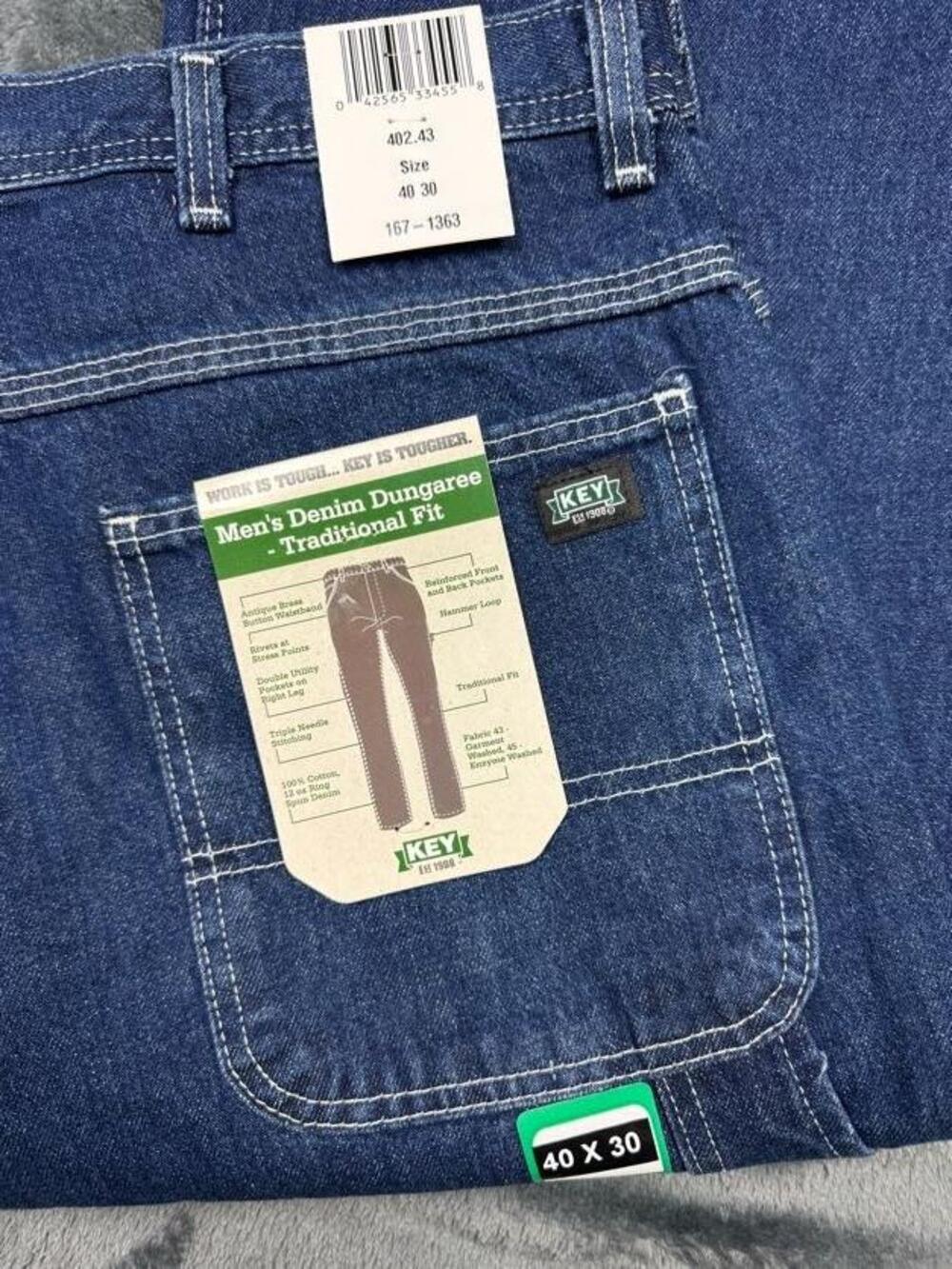 Key Denim Dungaree Jeans Mens 40x30 Blue Med Wash Straight Workwear 402.43